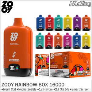 Zooy Rainbow Box 16000 Puffs Descartáveis Vape Bar Zooyvape Puff 16K 2% 3% 5% Bobina de malha recarregável E Cigarros 12 sabores