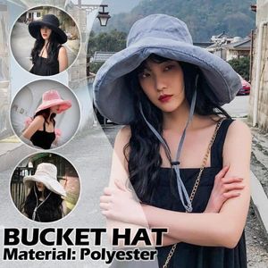 Berets verão fino proteção solar chapéus para mulheres senhoras coreano grande borda pescador chapéu pára-sol goma preta f4