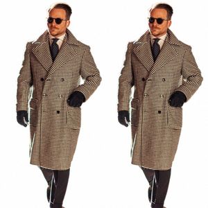 men Lg Coat Overcoat Houndstooth Gentlemen Blazer Winter Warm Woolen Blend Busin Causal Daily Tailored B9Zw#