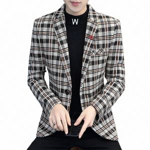 2021 Autumn Winter Men Blazers Korean Fi Slim Fit Plaid Casual Suit Jacket Wedding Busin Social Dr Coat Men Clothing X1bh#