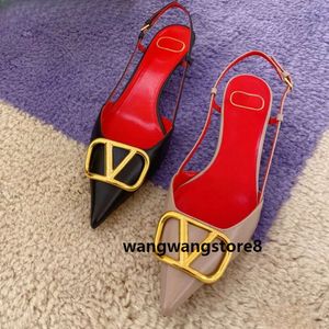 Designer Pointed Sandals High Heels Wedding Shoes Summer Luxury Brand V Metal Buckle Real Leather Thin Heel 6cm 8cm 10cm Womens Pumps With Red Dust Bag Size 34-44