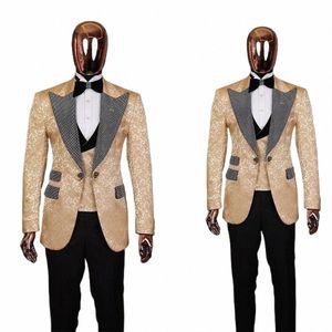 Abito da uomo jacquard oro su misura 3 pezzi Blazer Gilet Pantaloni neri Risvolto lucido One Butt Busin Wedding Groom Prom Tailored w8VF #