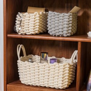 Cesta de algodão corda cesta de armazenamento artesanal caixa de armazenamento de mesa para artigos diversos brinquedo roupa interior organizador tecido cesta de lavanderia