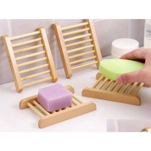 Tvålskålar 100st Natural Bamboo Trays Wholesale Tood Dish Tray Holder Rack Plate Box Container för Bath Shower Badrum Drop Deliv OTQ1F