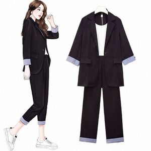 Kvinnors avslappnade blazeruppsättning 2024 Spring New Fi Black Suit+Vest+byxor Three-Piece Korean Elegant Chic Profial Suits N45D#