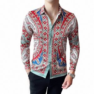 Erkekler Etnik Çiçek Gömlekler Dr Sıradan LG Kollu İnce Fit Kraliyet Ziyafet Bluz Erkekler Sonbahar Balo Partisi Camisas Para Hombre F2YH#