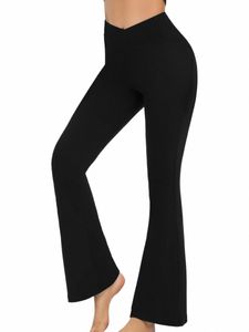 Calças de ioga femininas flare Leggings Crossover Ctrl Tummy Cintura alta Calças de pernas largas L4ZM #