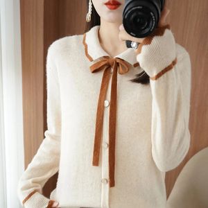 Womens Doll Neck Cashmere Cardigan 2024 Luxury And Fashionable SpringWinter Long sleeved Color Block Polg Sweater Knitted Top 240311