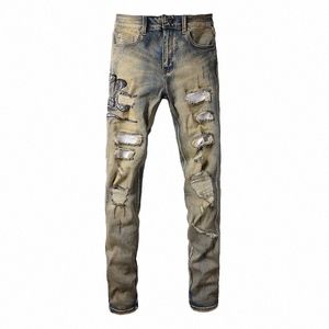 män orm broderi denim jeans vintage blå snakeskin läder lapp stretch byxor mager avsmalnande byxor s8af#