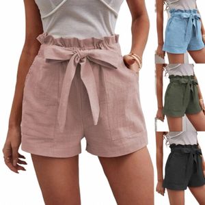 Summer Women's Loose Linen Casual Shorts med fickor, fast färg med hög midja breda benbyxor P5KM#