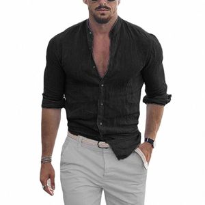 Men Cott Linen Shirts Madarin Neck Solid Color LG Sleeve Loose Top Spring Autumn Fi Shirt K4qa#