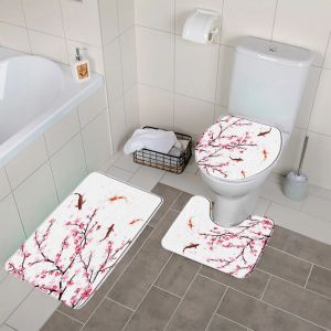 Mats Sakura Flower Koi Badematten-Set, Pflanzenblätter, rutschfeste Badezimmerteppiche und Matten, WC-Deckelbezug, Badezimmer-Zubehör-Sets