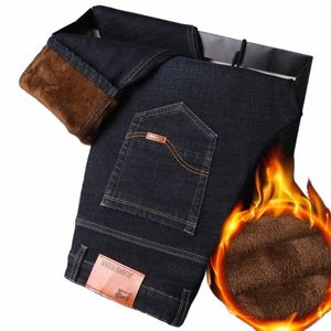 2022 Vinter ny klassisk busin casual män passar raka ben jeans grepp fleece tjock varm stretch smal midhög midja byxor 398s#