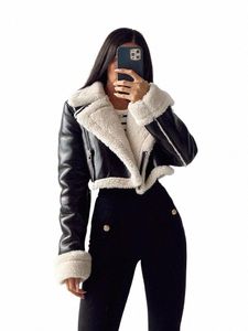 HH TRAF Women Faux Leather Thicken Coppped Jacket Vintage Frt Zipper Lapel LG Sleeve Coat Winter Women Warm Casual Ytterkläder L537#