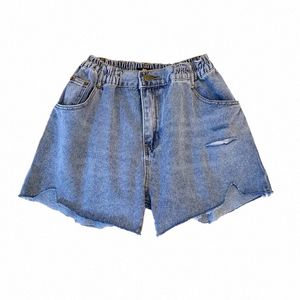 Nya 2023 damer Summer Plus Size Hot Pants for Women Stor storlek Loose Blue Cott Hole Pocket Denim Shorts 3XL 4XL 5XL 6XL 7XL 52WH#