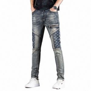 Młodzież Slim Fit Stretch proste spodnie dżinsy streetwear persalność szwu haftowe haftowe modne dżinsowe spodnie męskie y7cp#