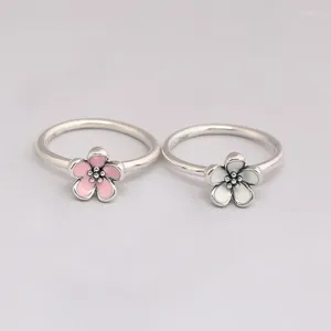 Cluster Rings Genuine 925 Sterling Silver Pink And White Enamel Cherry Blossom Ring Compatible With European Jewelry