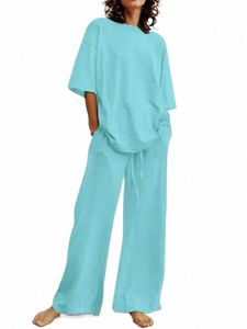 fi Women's 2-piece Set 2024 Summer Casual Pocket Set Half Sleeve O-Neck Top and Wide Leg Large Outline Pants Set G54h#