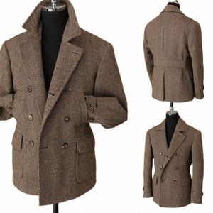 stevditg Brown Men's Jacket One Piece Double Breated Peaked Lapel Back Vent Winter Blazer Luxury Male Clothing Costume Homme 087Y#