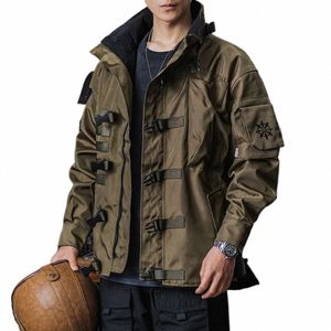 Mens Workwear Jaqueta Outono e Inverno Retro Multi-Bolso Jaqueta American Street Motorcycle Outdoor Ahmei Khaki Casaco Casual D8nH #