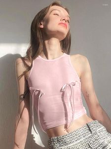 Frauen Tanks Rosa Top Bogen Crop Weibliche Ärmellose Westen Streetwear Y2k Fee Grunge Sommer Einfarbig Rohr Baby Tees kleidung