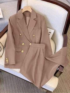 Women's Two Piece Pants Women Fashion Elegant Casual Blazer Pantsuit Vintage Chic Solid Jackets Coat Wide-Leg Pieces Set Female Outfits