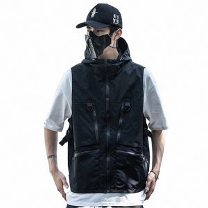 2023 Techwear Hip Hop Cargo Vest Multi-Pockets Tactical Hooded Waistcoat For Men Outdoor Casual Sleewel Jacket K970#