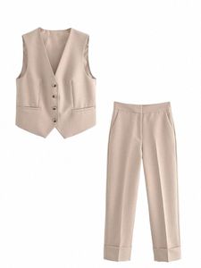 trafza 2023 Autumn Women Chic Butt Decorati Sleevel V Neck Vest+Female Elegant Pocket Loose Office Lady Pant 2 Piece Suit X7iS#