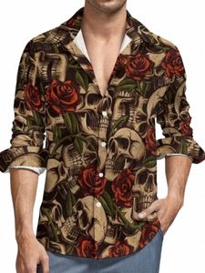 럭셔리 두개골 꽃 lg 슬리브 셔츠 남자 하와이 슬림 핏 3D 프린트 캐주얼하라 주쿠 맞춤형 fi 대형 의류 camisas g5ar#