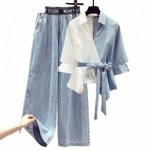 2022 Summer New Stitched Chiff Shirt Kvinna Set Elegant Women's Jeans Casual Blus Two Piece Set Ladies Tracksuits C1DJ#