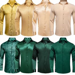 Hi-Tie Luxury Silk Men's Shirts LG Sleeve Slim Fit Lapel Shirt For Men Gold Green Blouse Hawaii Beach Wedding Busin Gifts R90p#