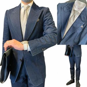 2 Pieces Denim Cowboy Men Suits Blazer Pants Tailor-Made Fi Wedding Busin Ceremy Formal Causal Prom Daily Tailored C0ql#