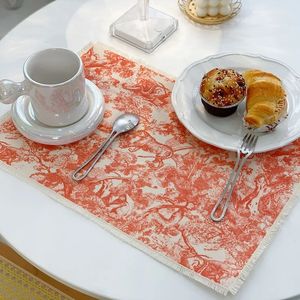 Signage Placemat Pads Design Tryckt LINEN Fabric Tassel Zoon Mönster Decoration Mat Pad Pad Posta för Festival Dinner Party Home Hotel Cafe Table Decoration