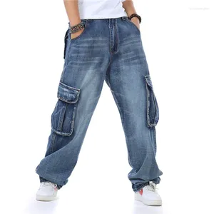 Dżinsy męskie dla mężczyzn proste dżinsowe spodnie ładunkowe workowca luźna niebieska z boczną kieszenią