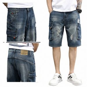 Summer Streetwear Cargo Denim Denim Męska marka Fi Retro Multi-Papieł Krótkie spodnie Dasualny trend Krótki dżinsy Masculino Q5GB#