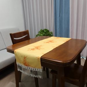 Gold Floral Print White HandWoven Tassel Lace Table Runner Tablecloth with Bunting Dining Coffee Bar 240322