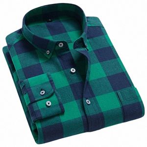 Camicie a quadri slim-fit manica lunga 100% Cott Cott da uomo Tasca singola applicata Comoda camicia casual versatile in flanella spessa morbida G9Zt #