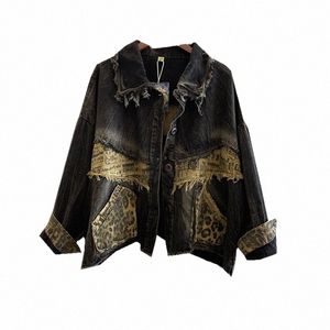 european 2023 Autumn New Cool Popular Fi Design Leopard Print Frayed Denim Jacket Women's Short Cadigan Casual Top Coats O7qC#