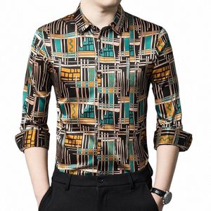 Färgglada rutiga tryck Silk Dr Men Shirt LG Sleeve Casual Slim S High Quality Smooth Comant Silky Cool Chemise Homme 44JZ#