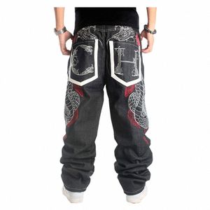 hiphop jeans streetwear hane plus size lös baggy denim byxor orm broderi rak lg byxor för män c2nf#