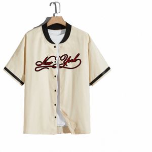 herr baseball uniform khaki kort ärmbrev New York tryck baseball skjorta avslappnad gata hip hop shirt topp l9aj#
