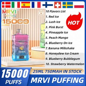 Оригинальная затяжка MRVI Puffing 15000 Одноразовая ручка для вейпа Двойная сетчатая катушка 750 мАч Тип-C 25 мл Предварительно заполненная затяжка Pod 15k Дисплей Электронная сигарета Ремешок с подсветкой RGB против Randm Tornado 12k