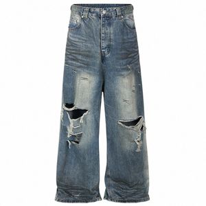 hip Hop Blue Baggy Jeans Hi Street Distred Ripped Vintage Retro Loose Denim Pants Men Luxury Designer Jeans Trousers f1KK#