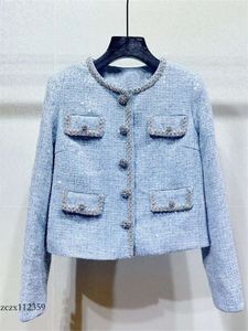 2024 Modelo mais recente Jackets femininos Botões de diamante Ladies Sparkling Senhorin Casat ou Cantura alta A-linha Mini-saia Terno Mulheres O-Neck Blue Tweed Conjunto 231205