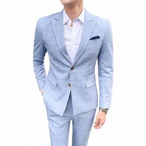 male Grid Jacket Pants Suit fi High-end two-piece set Men Suit Wedding Groom Custom Plaid Coat Slim Blazer Trousers Outfit 49SV#