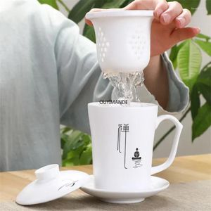 Copos de chá criativo simples filtro teacup cerâmica único escritório caneca água com capa conjunto doméstico copo porcelana branca presente