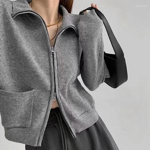 Kvinnors stickor Vintage Women Cardigan Coat Turn-Down Collar Zipper Casual Pull Femme Långärmad fickpickor Y2K TOPS 2024 Ropa Mujer