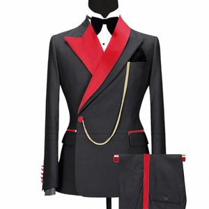 newest Black Suits for Men Slim Fit Luxury Busin Wedding Tuxedos Tailor-made Red Shiny Collar Jacket with Pants 2 Pieces Set c7t5#