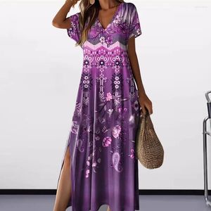 Casual Dresses Retro Print Dress Colorful V Neck Maxi For Women With Side Split Ethnic Style Ankle Length A-line Beach