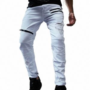 New Fi Zipper Biker Jeans Mens Distred Stretch Branco Rasgado Jeans Hip Hop Slim Fit Buracos Streetwear Cott Denim Calças r3zY #